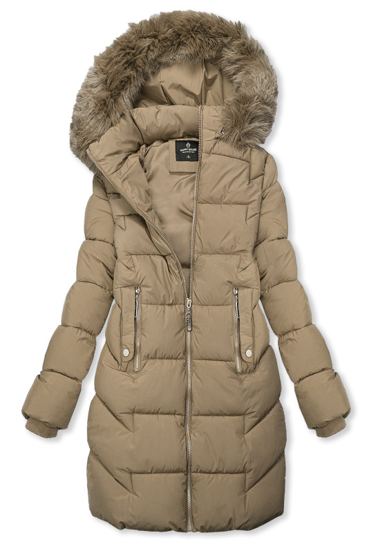 Béžová zimná prešívaná bunda s kožušinou