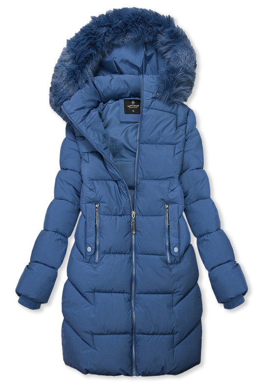 Modrá zimná prešívaná bunda s kožušinou
