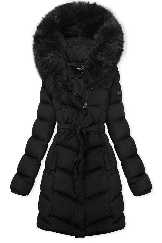 Čierna zimná bunda s opaskom a kožušinou