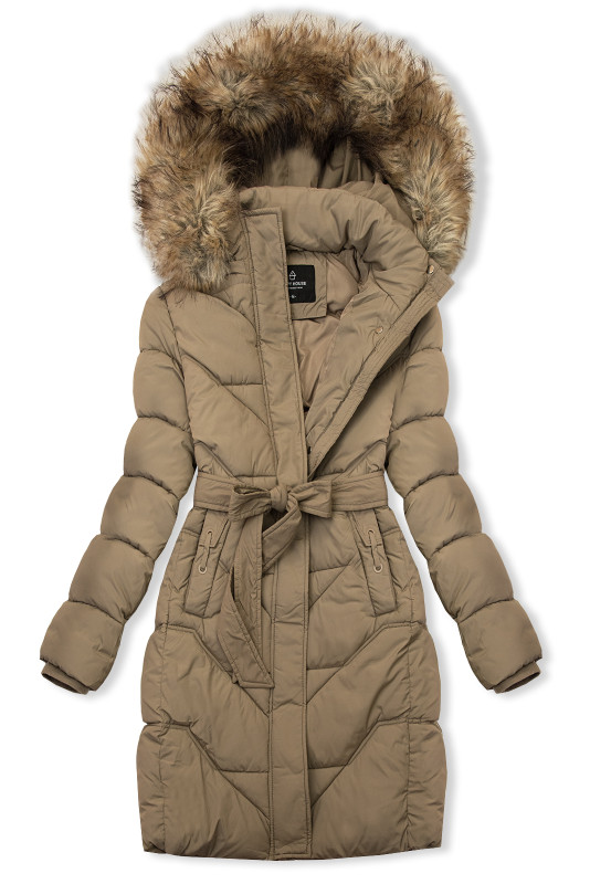 Elegantná zimná bunda s kožušinou, kávovohnedá